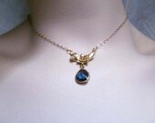 14K Gold Fill Art Nouveau Sapphire Pendant with Matte Gold Rose Connector
