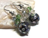 Sterling Silver Gemstone Cluster Earrings with Abalone Shell, Pale Rose Quartz, Parrot Green Quartz, Smoky Quartz, and Slate Blue Quartz