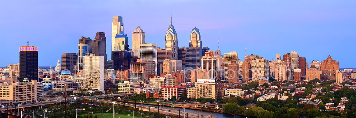 Philadelphia Skyline at Dusk Sunset COLOR or BW 12x36 PHILLY Panoramic Photo Poster Cityscape Standard Frame Size