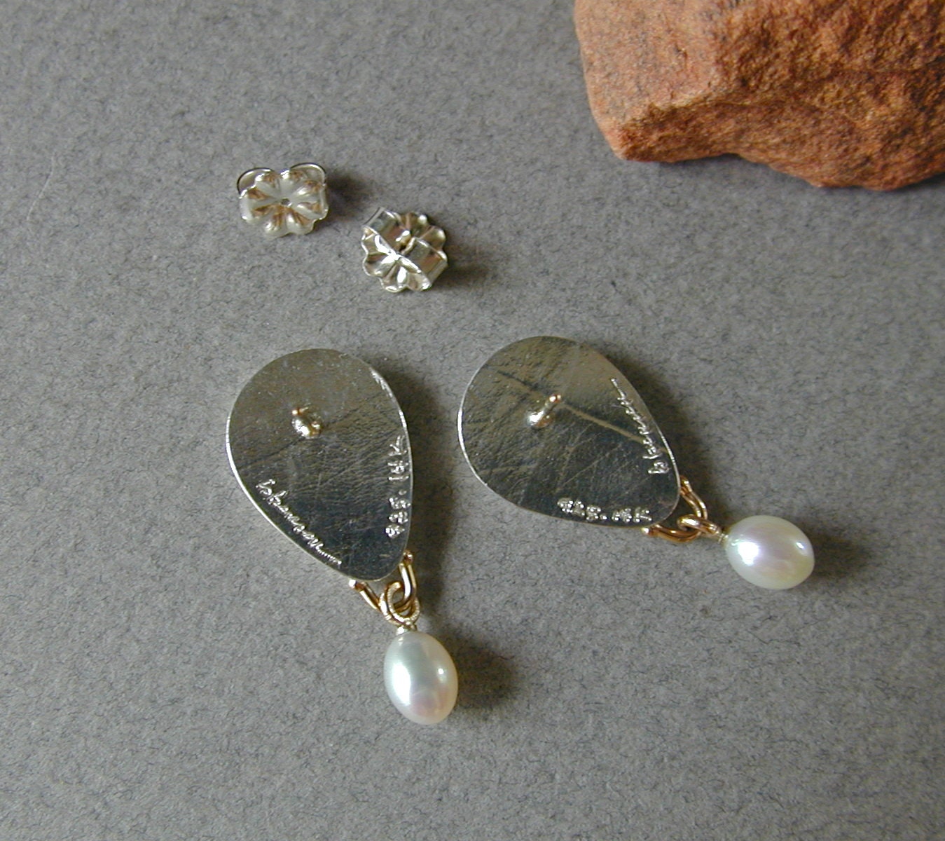 Fall Jewelry, Sterling Silver Earrings, Sonoran Dendritic Ryolite, Pearl Drops, 14kt Gold Posts, Handmade Earrings