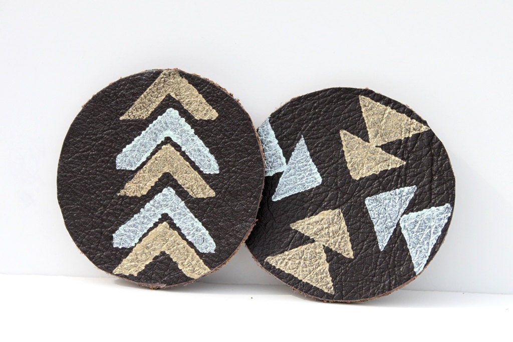 Leather and Cork Hand Stamped Coasters. Tribal Arrow Pattern in Mint and Gold.  Mug Coaster. Home Decor. Geometric.