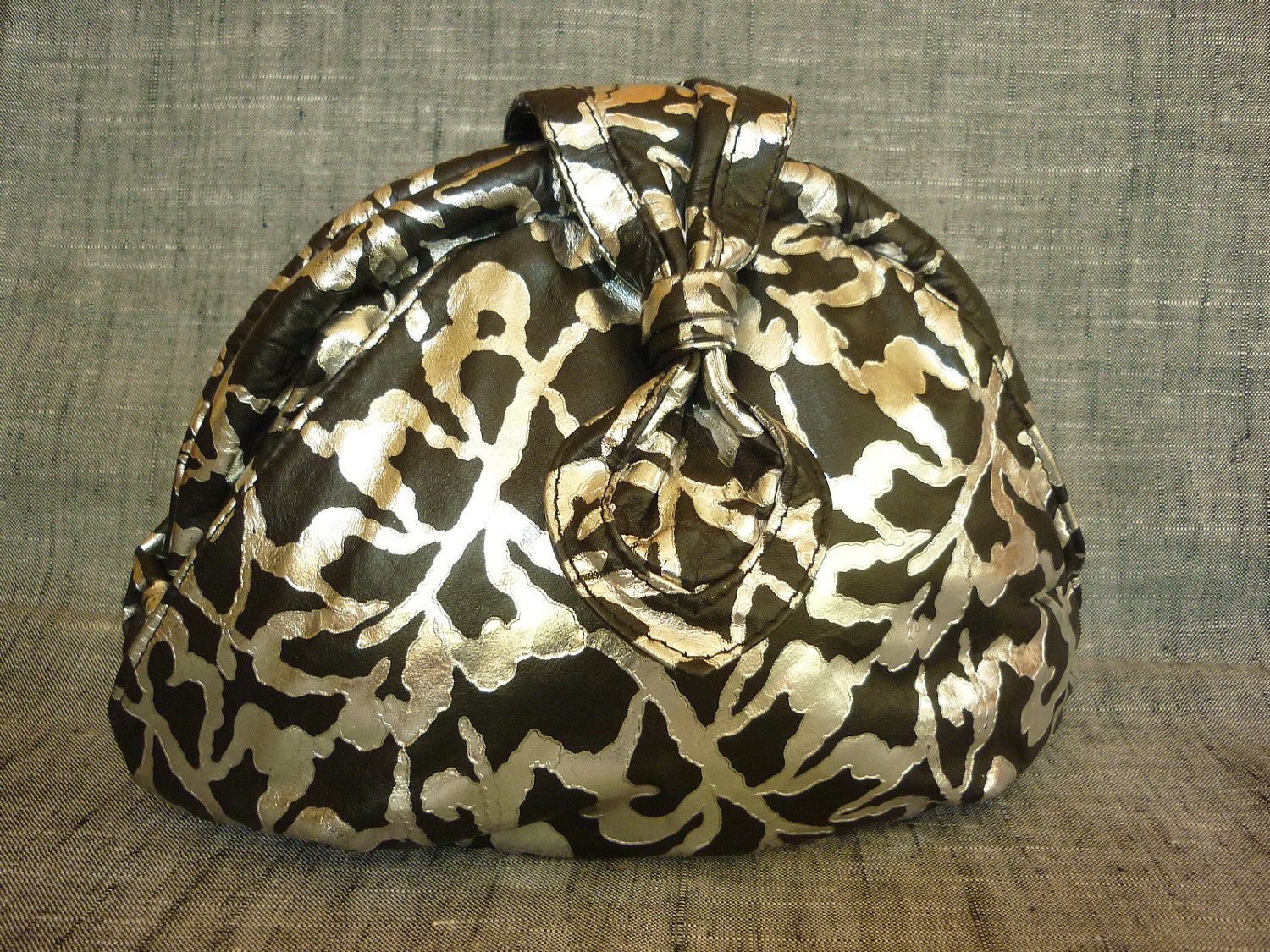 Soft and Luxe 80s Clutch in Black Leather w Silver Metallic Leaf Pattern