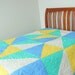 Modern Patchwork Queen Bed Quilt - Large Triangles in Shades of Blue, Turquoise, Yellow, and White