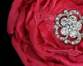 Kaie - Dark Pink Chiffon Satin and Lace Fabric Flower Hair Clip Handmade with Rhinestones