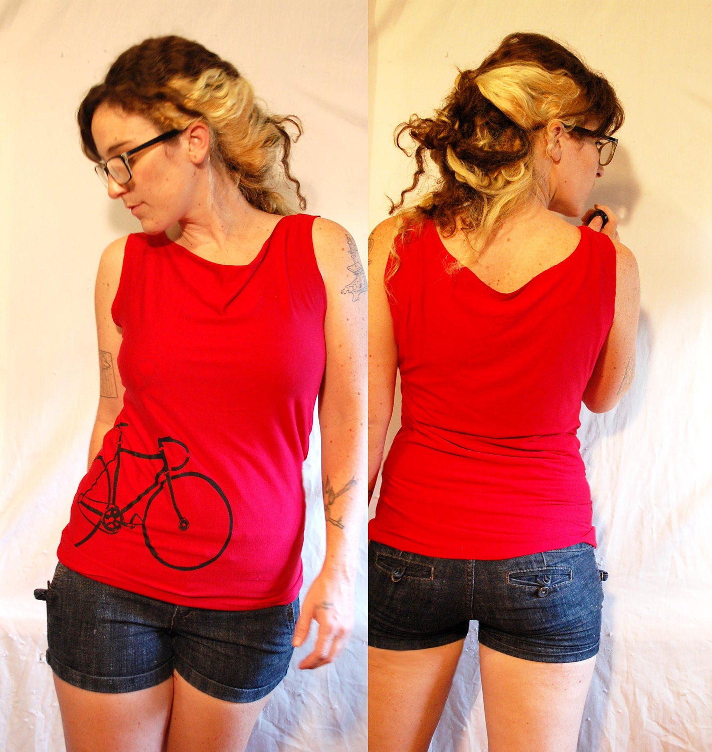 Red Bicycle Print Cowl Neck Tank Top Tshirt