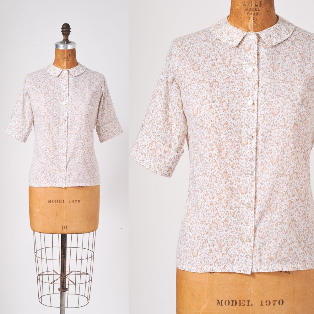 Little Brown Hen Vintage Blouse - 1960s Novelty Print Country Back To School