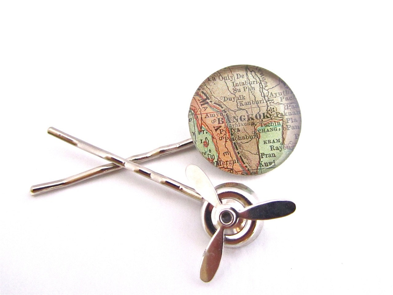 Custom Vintage Map Hairpin Set. The city of your choice and a propeller.