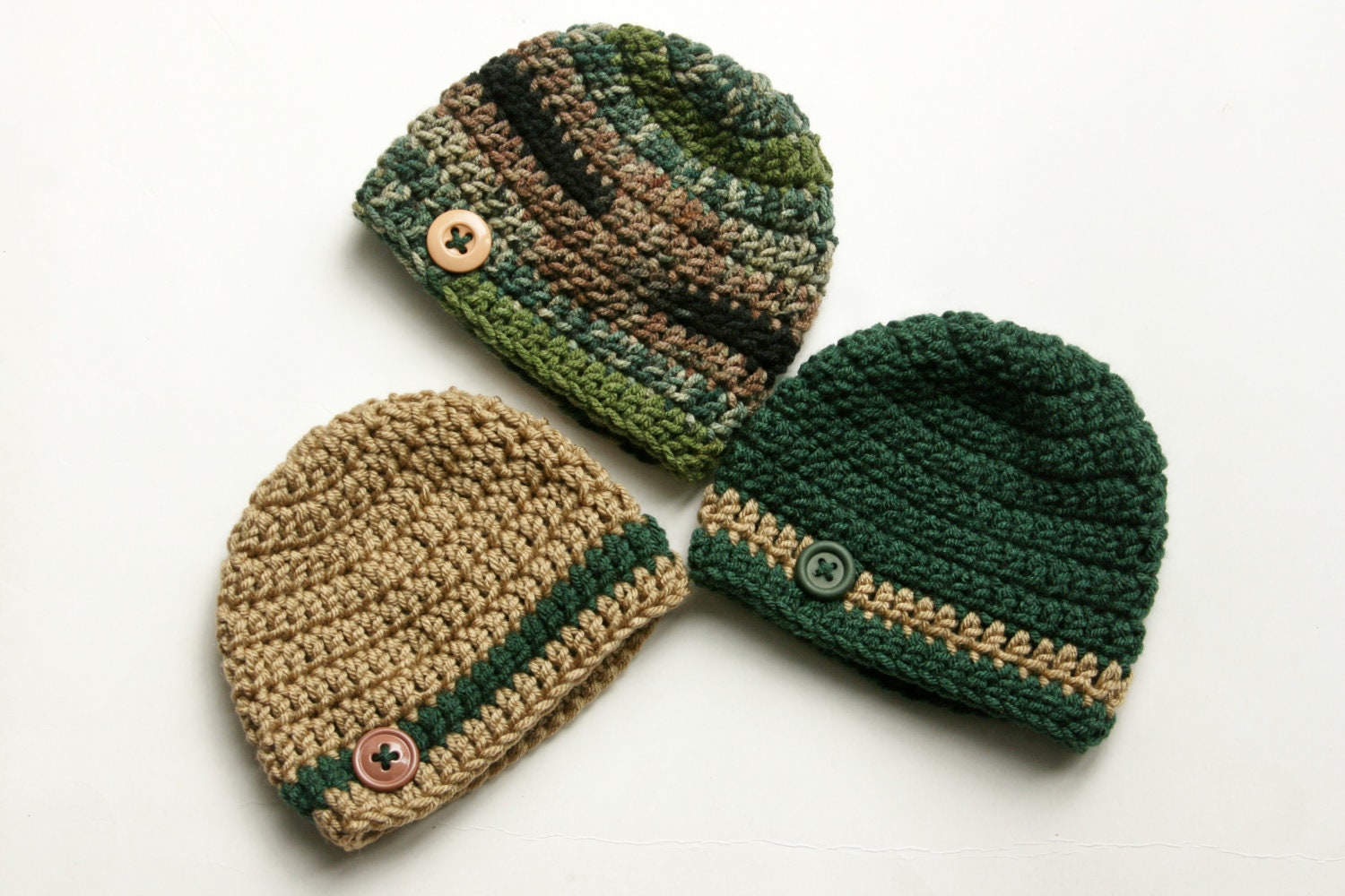 Baby boy hats green brown camo set of three crochet newborn 0-3 month photo prop - Loopedwithlove4U
