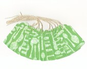 SALE - PreStrung Green Glittered Floral SilverWare Large Scallop Die Cut Gift Hang Tags (12) C11