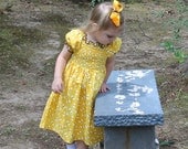 Handmade Dress with Shirring in Yellow and Black with Bees in size 5, 6, 7, or 8