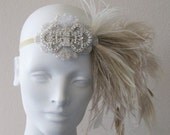 Flapper Peacock And Ostich Feather Headband In Champagne Taupe And Ivory