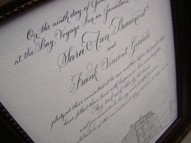 Hand Lettered Quaker Marriage Certificate Ketubah featuring Hand Calligraphy and Watercolor Sketch Church Mansion Deposit