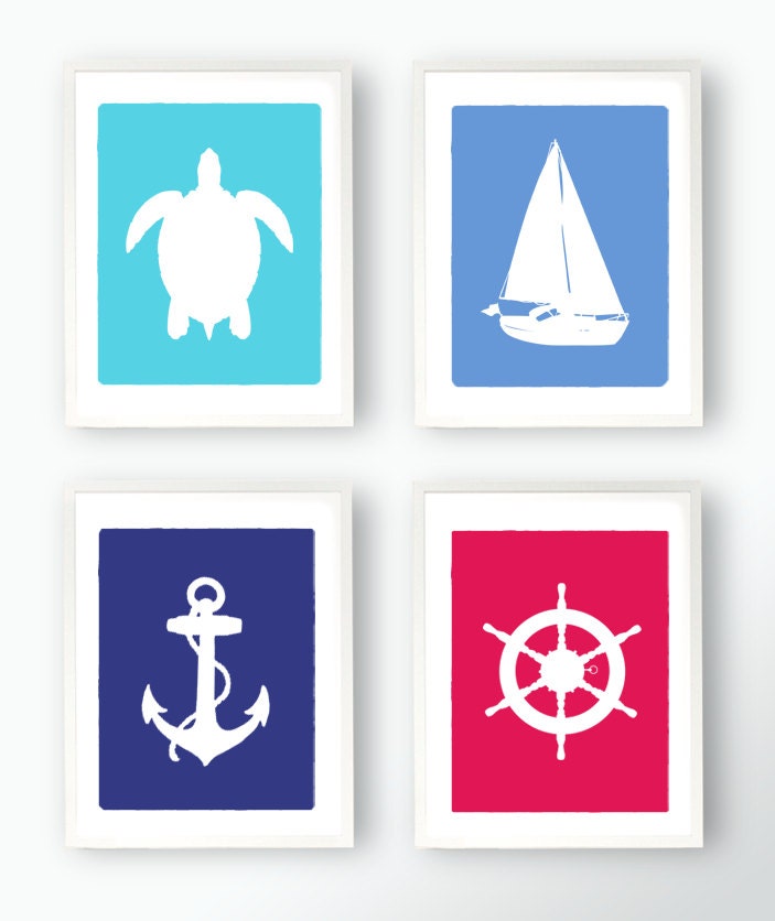 SALE Set of 4 Nautical Prints - Boat/Ship Captains Wheel Anchor and Sea Turtle Silhouettes Art Childs Room Custom 8x10