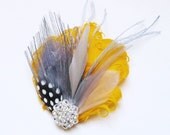 BREE - Golden Yellow and Grey Curled Goose Peacock Feather Fascinator