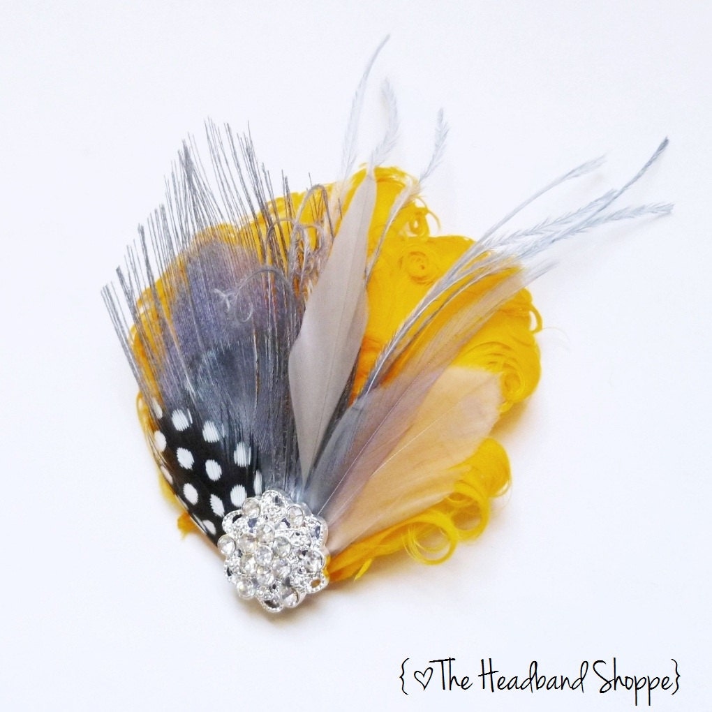BREE - Golden Yellow and Grey Curled Goose Peacock Feather Fascinator