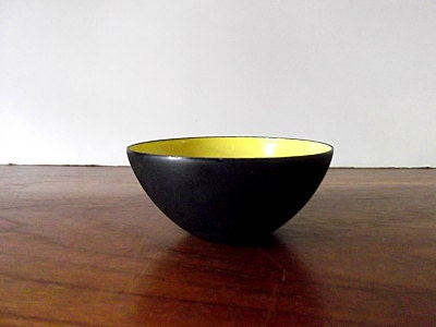 Vintage Krenit Yellow and Black Enamel Mini Bowl, Herbert Krenchel, Danish Modern