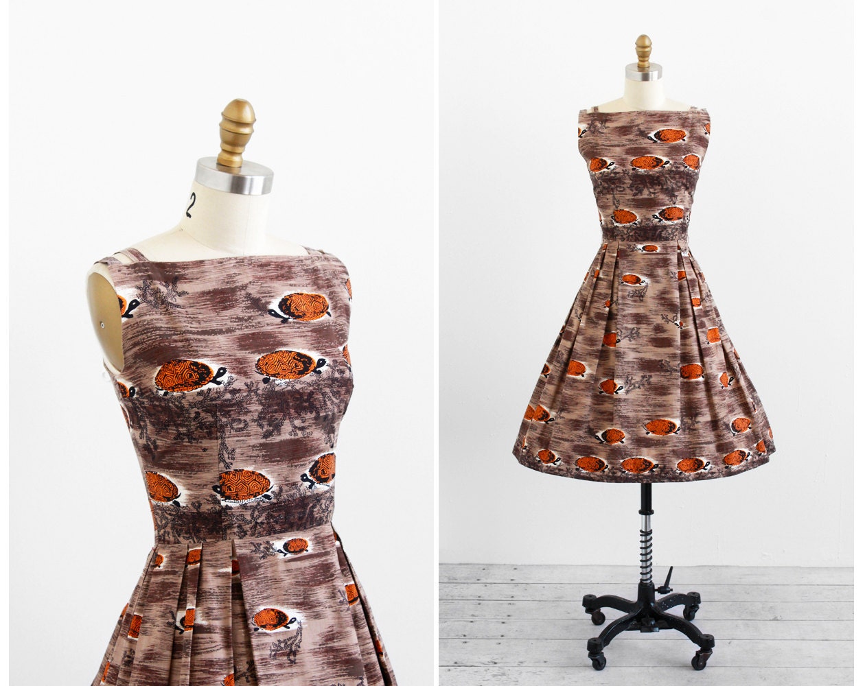 vintage 1950s dress / 50s dress / Brown Tiki Turtle Print Novelty Print Cotton Dress