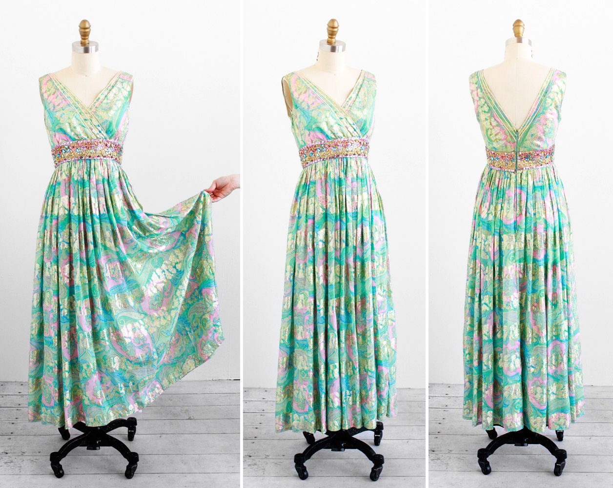vintage 1960s dress / 70s maxi dress / Pink and Green Silk Chiffon Malcolm Starr Jeweled Grecian Gown