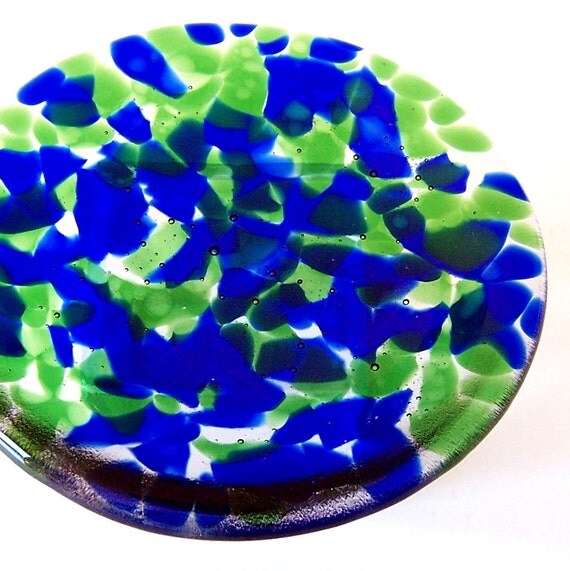 Items similar to Blue and Green Confetti Fused Glass Mini Dish on Etsy