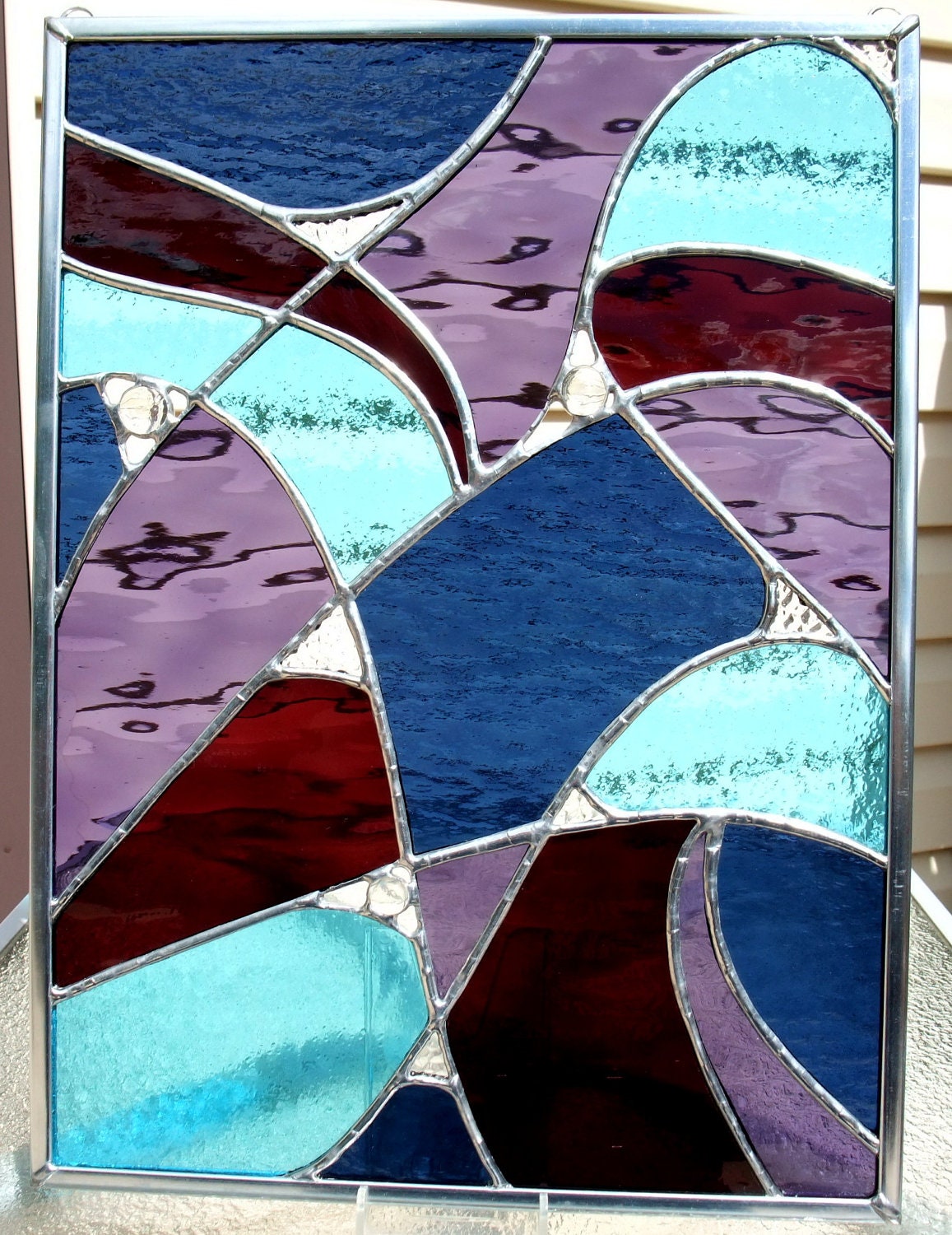 Midnight Blue, Deep Cranberry, Sky Blue and Purple Abstract Stained Glass Panel