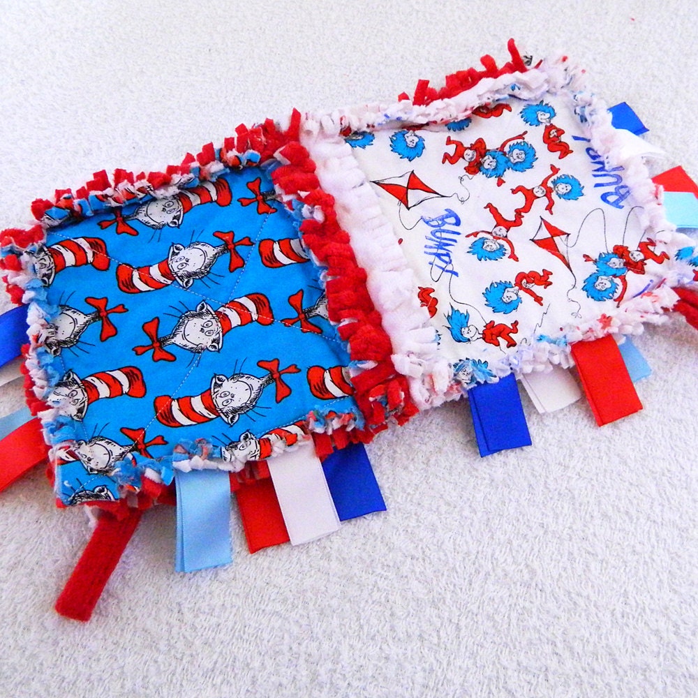 Cat in the Hat Ribbon Rag Baby Quilt with minky - Red, Blue, & White