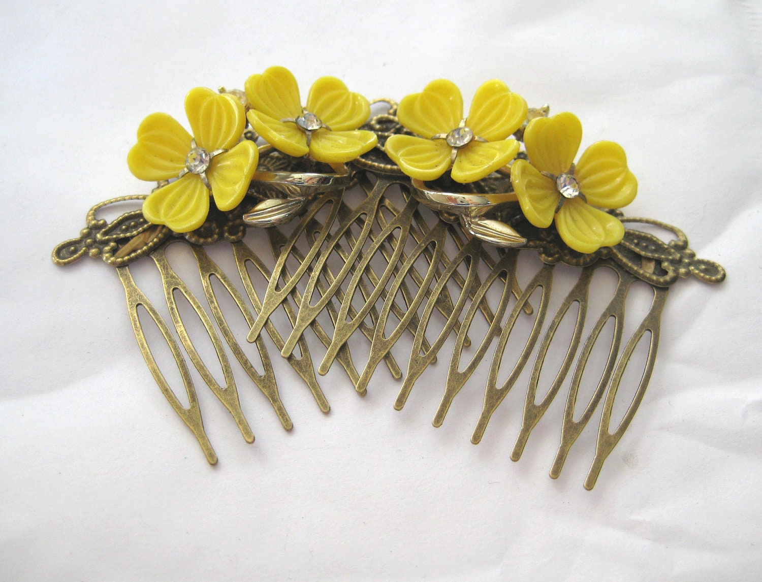 Vintage yellow Flower Haircombs Set Rhinestones Bride Combs Upcycled OOAK