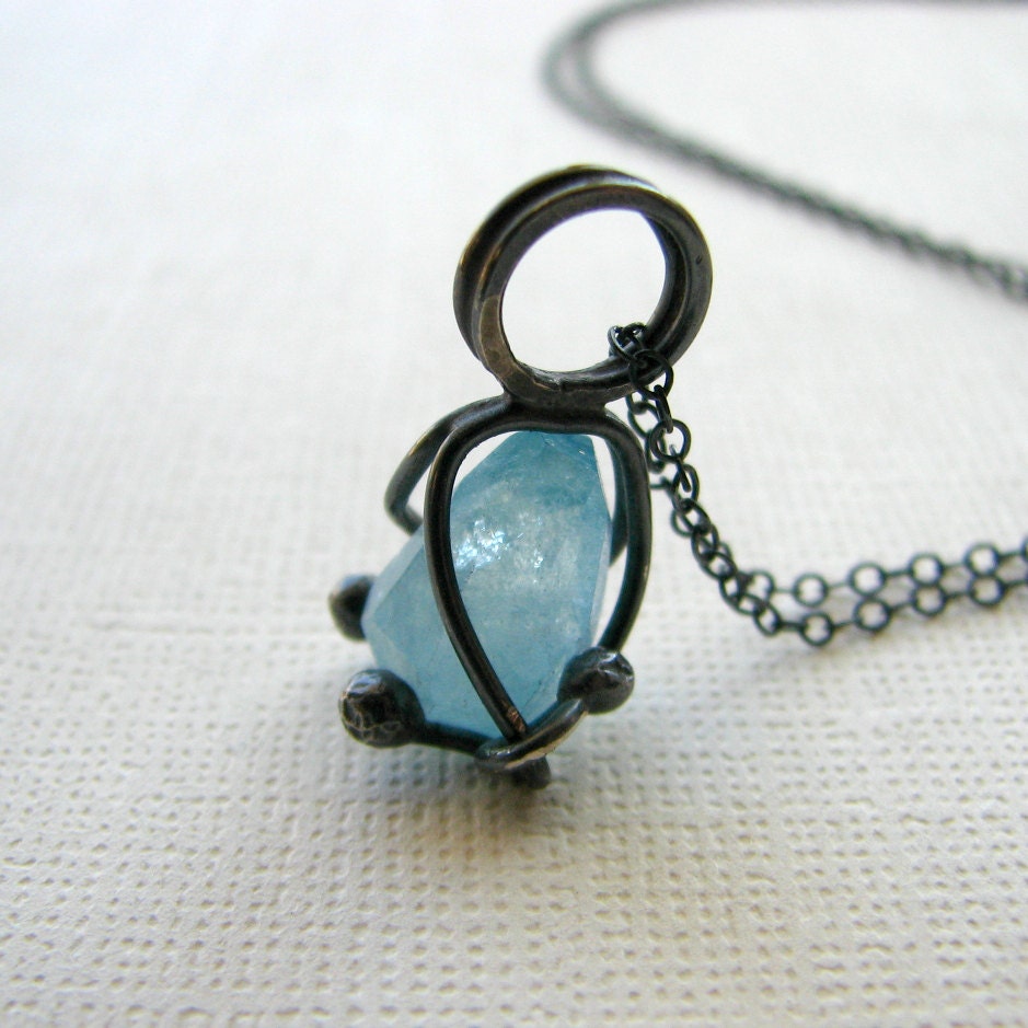Gemstone necklace, aquamarine, sterling silver necklace, metalwork, ocean, blue, rustic - Sunken Treasure