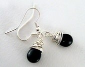 Wire Wrapped Black Teardrop Earrings - Silver Wire Wrapped Jewelry - Jet Black Glass Beads