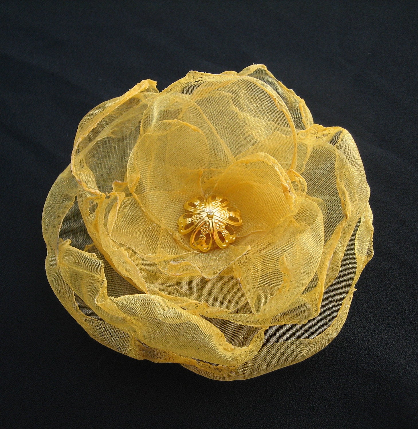 Gold Flower Hair Fascinator or Brooch: Organza Rose or Peony