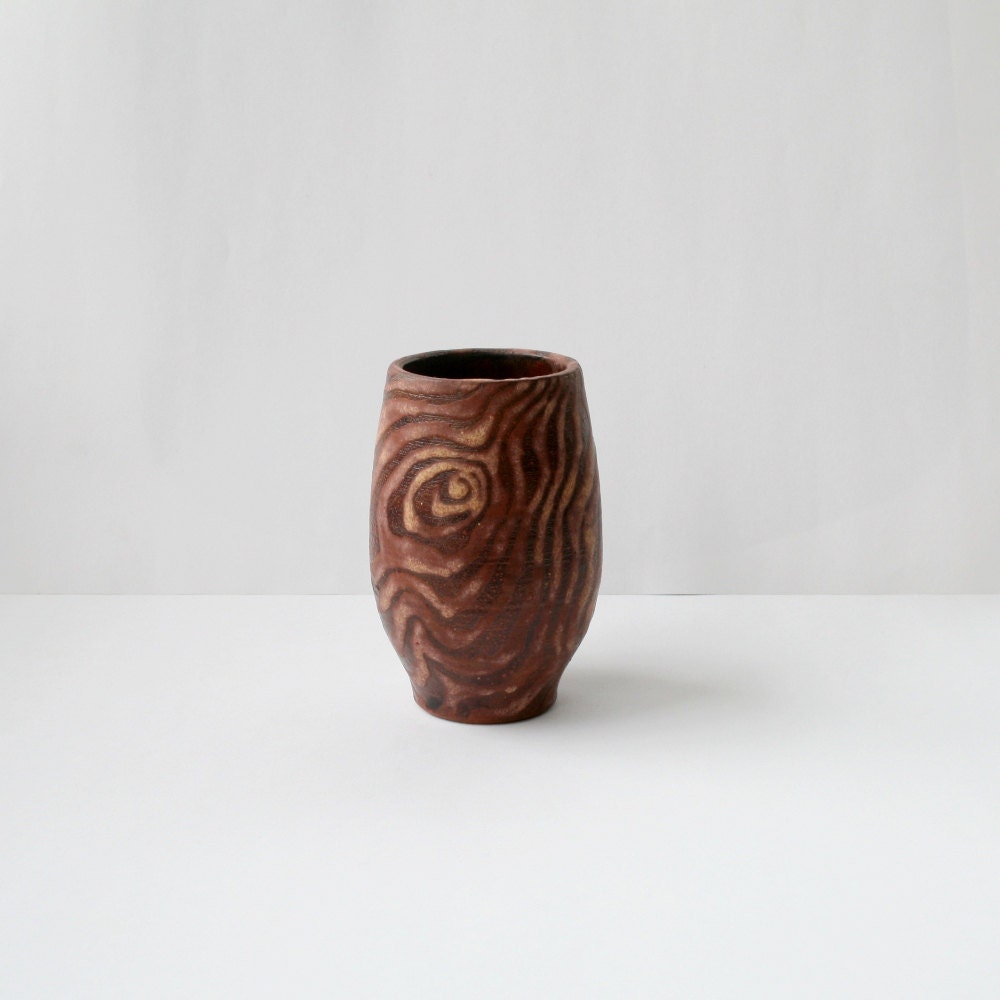 Handmade Wood Grain Vase in Stoneware Clay - Unique  Hand-painted Ceramics