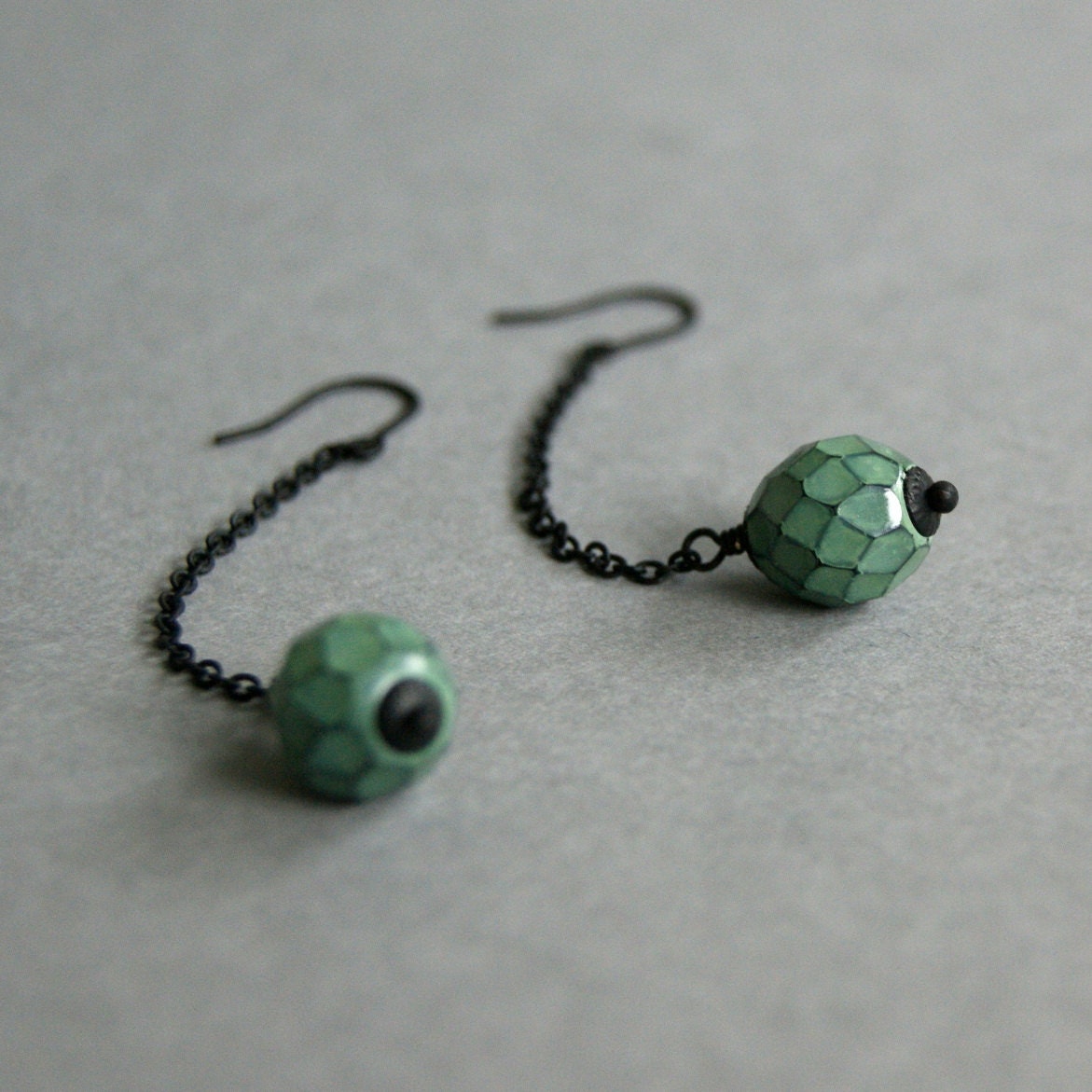 Long Turquoise Green Bead Earrings - Black, Glass, Czech