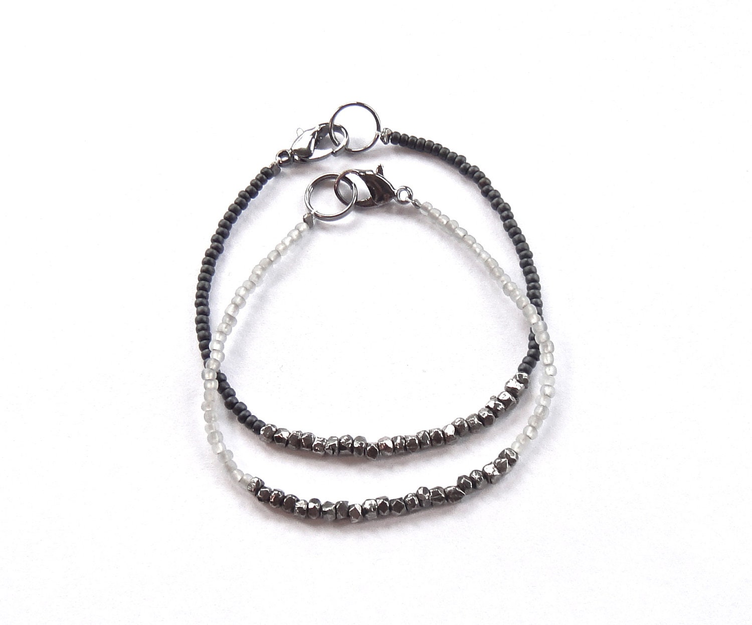 SALE // heartlines in black & gunmetal // dainty bracelet with mini geometric nugget gunmetal beads and light grey matte seed beads