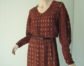 Vintage Crochet Dress in Rusty Brown- 1960's Handmade Lace- Prairie Style, Long Sleeves