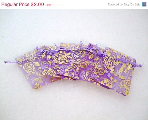 CIJ-JULY 4TH Sale 10 Count LIght Purple & Gold Roses Organza Voile Jewelry- Gift Bags