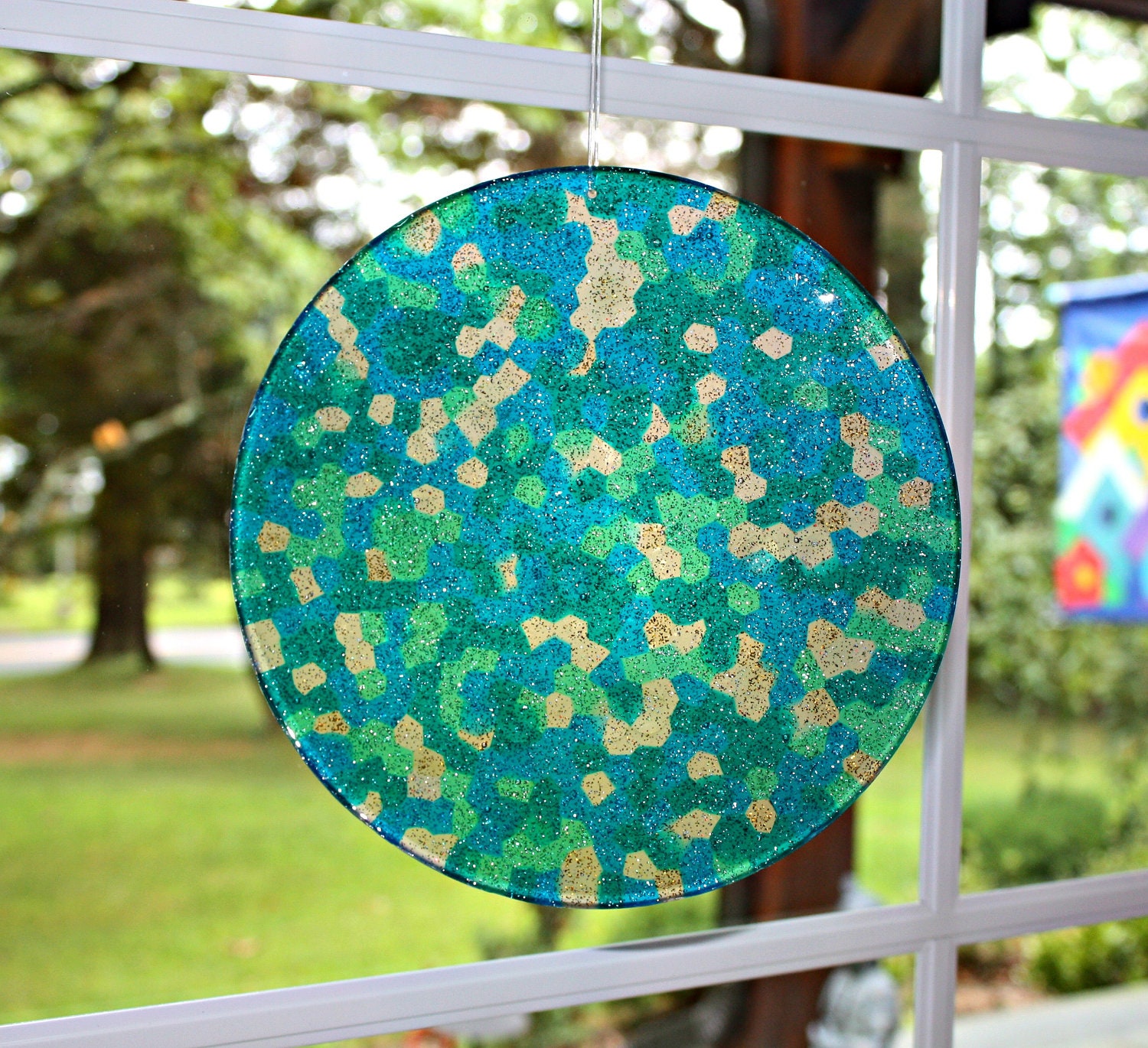 Unique Mosaic Suncatcher - Under The Sea Hand Crafted Large 8 inch Disk all ready for display by Mei Faith