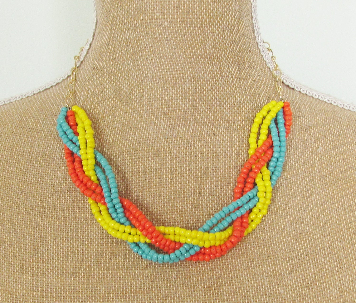 Braided Necklace Tangerine Orange, Turquoise Blue, and Bright Yellow Glass Beads on Hamilton Gold Chain