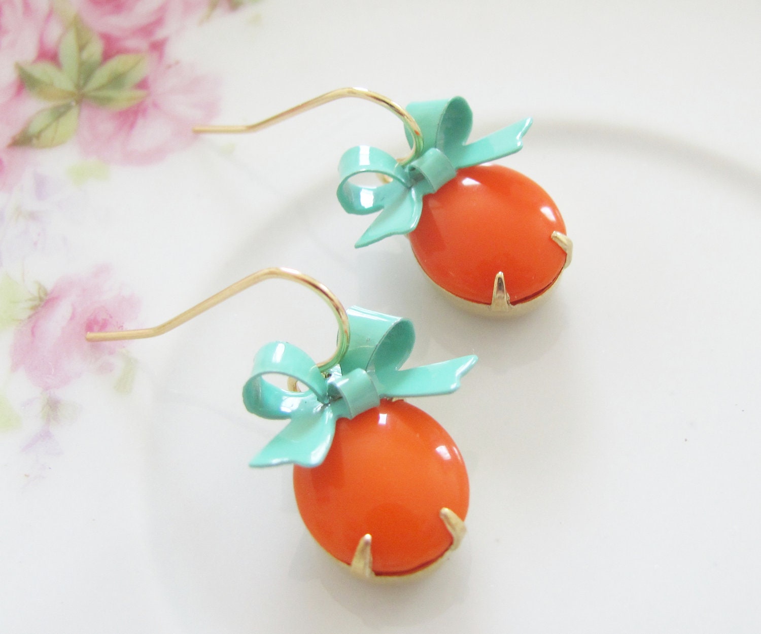 Tangerine Orange Turquoise Bow Earrings -Vintage Tangerine Orange Jewel and Turquoise Bow Dangle Earrings - Preppy, Wedding, Bridesmaid