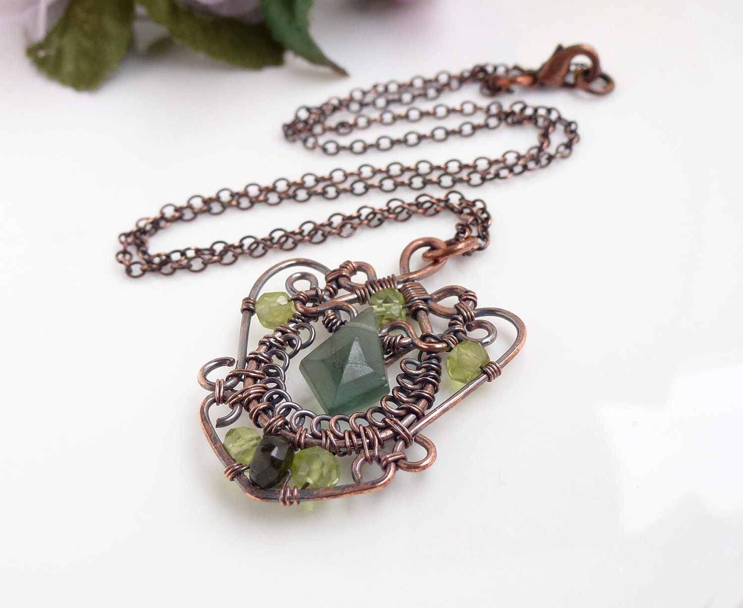 Copper necklace, Peridot and green garnet necklace, Olive green wire wrapped jewelry, Handmade copper jewelry