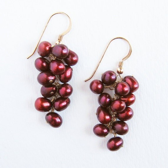 Wine Pearl Cluster Grape Earrings 14k Gold Fill. by AzizaJewelry