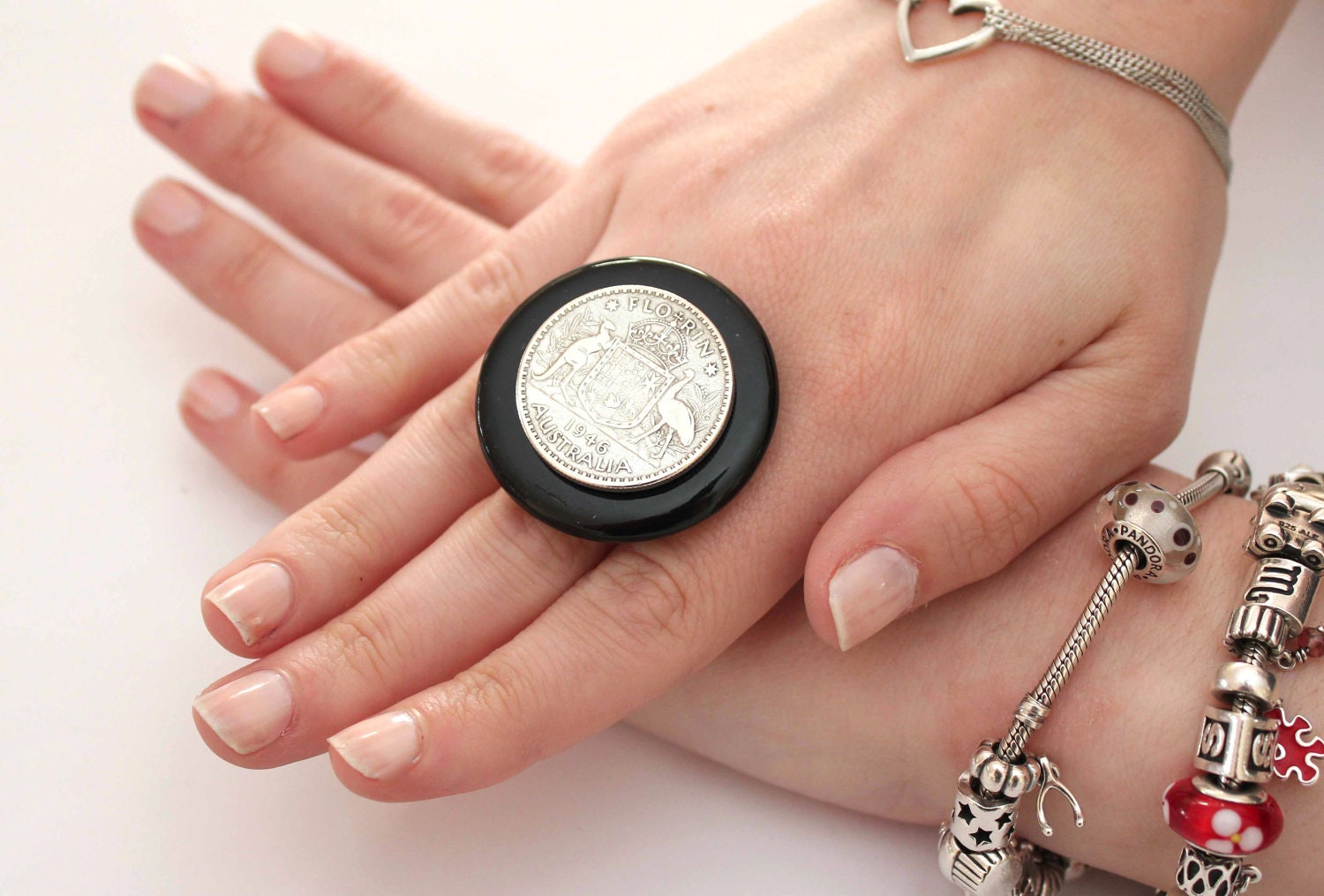 AUSTRALIA Coin Ring Ceramic - big bold handmade adjustable cocktail ring - 1.5 - inch