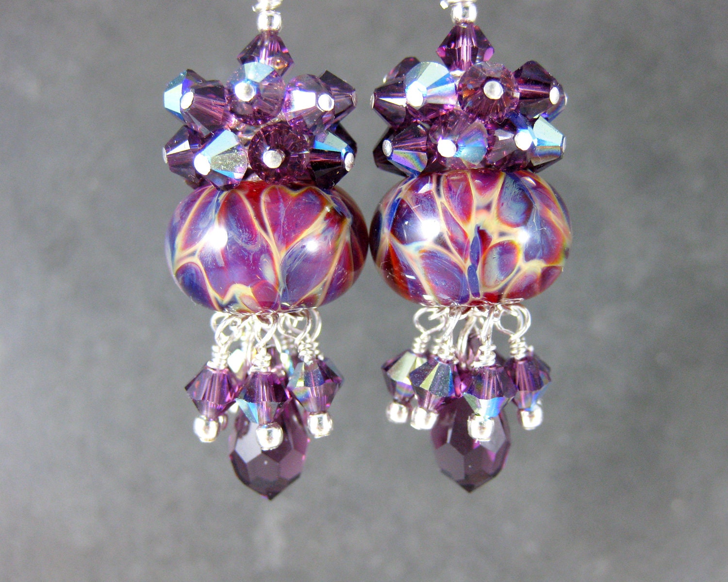 Purple Chandelier Earrings, Boro Lampwork Earrings, Crystal Cluster Earrings, Purple Cream Glass Earrings, Beadwork Earrings - Lavish