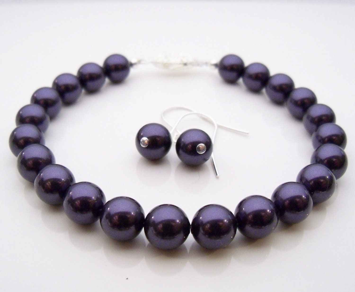Pearl bracelet purple Swarovski pearl bracelet and earrings 8mm round deep purple pearls and silver plated filigree clasp