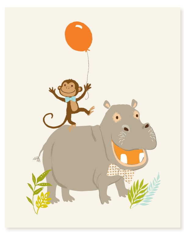 Monkey and Hippo (8x10) - art print