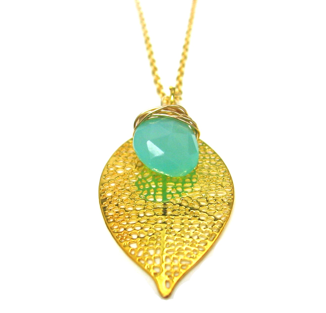 Bridal Necklace Gold Leaf and Dew Mist Seafoam Chalcedony on Delicate 22K Gold Chain Bridesmaid Necklaces
