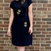 vintage 1950s dress/ 50s black rayon cocktail dress/ beaded floral appliqué