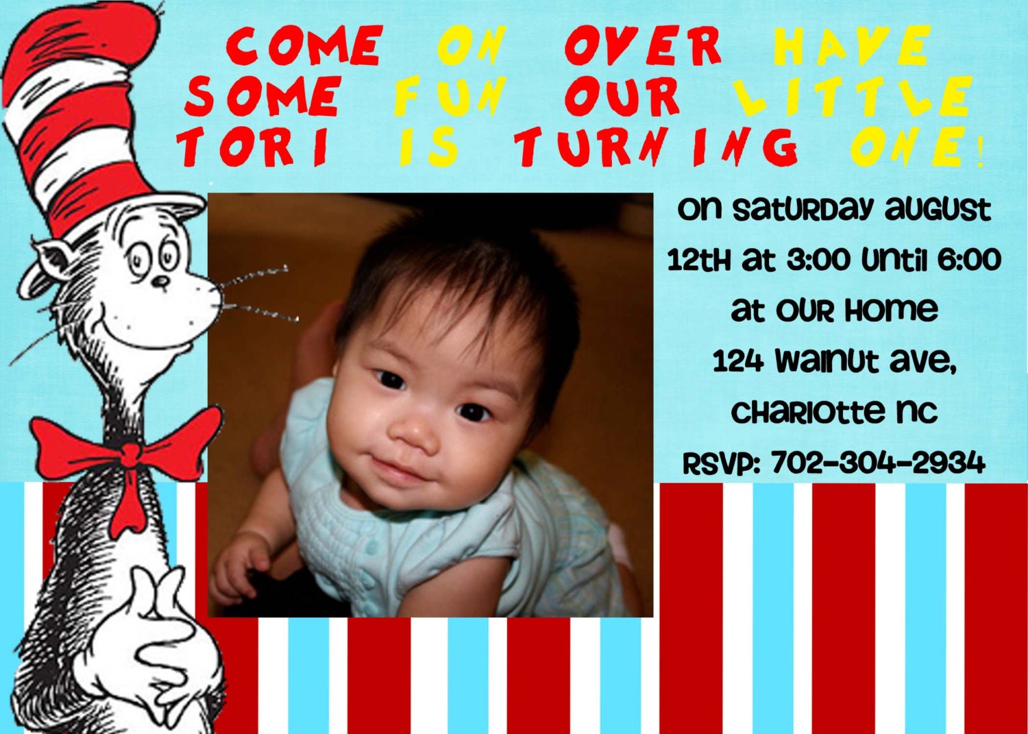 Cat in the Hat - Dr. Seuss - Birthday Invite Card - Can be Personalized or Customized Invitation JPEG Printable Children Holiday