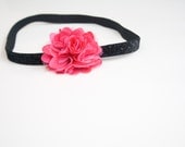 Handmade Baby Flower Headband - Hot Pink & Black Glitter Elastic