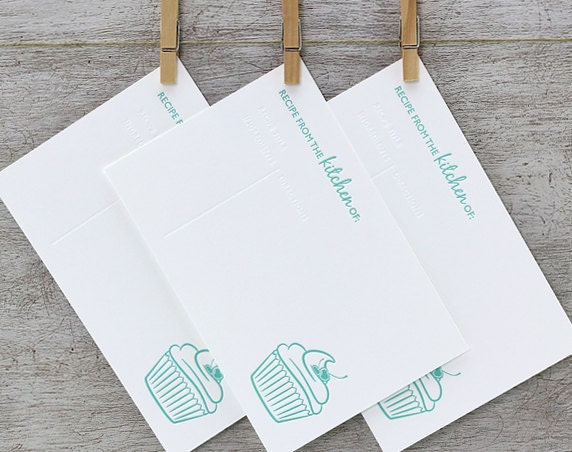 RECIPE CARD Set Letterpress - 10pack Modern Cupcake Cherry Frosting Light Aqua Blue Aquamarine (RCU02)