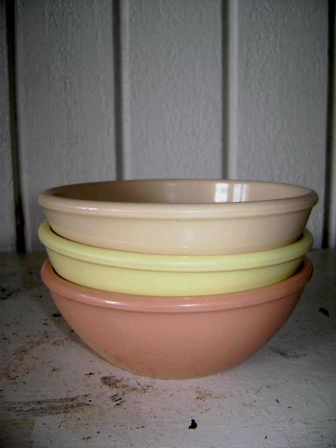 Vintage Melmac 3 Cereal Soup Bowls, Yellow Beige Brown, Arrowhead by International, Melamine, Retro, Mad Men Family Dinner