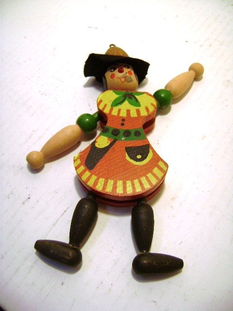 Vintage Jumping Jack Austrian Puppet Pull Toy, Classic Bavarian Costume Alpine Hat Leaping Lederhosen, Wooden Folk Art, Dancing Man